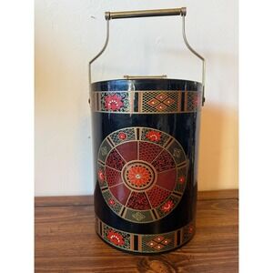 Vintage Chinoiserie Ice Bucket Faux Bamboo Handle Red and Black Intricate Design